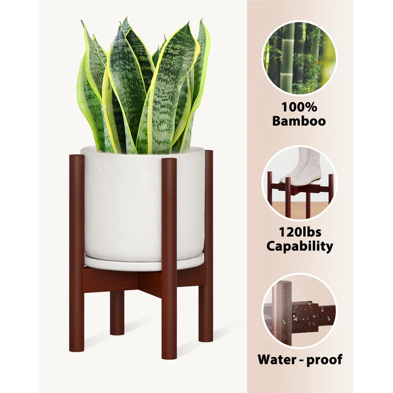8-12" Adjustable Bamboo Plant Stand - Single-Tier Reddish Indoor Planter Holder