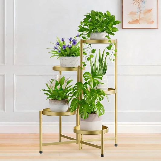 5 Tier Plant Stand with 10 inch Wide Tray, Corner Metal Flower Rack, Folding and Portable, Applicable in Living Room, Patio and Porch