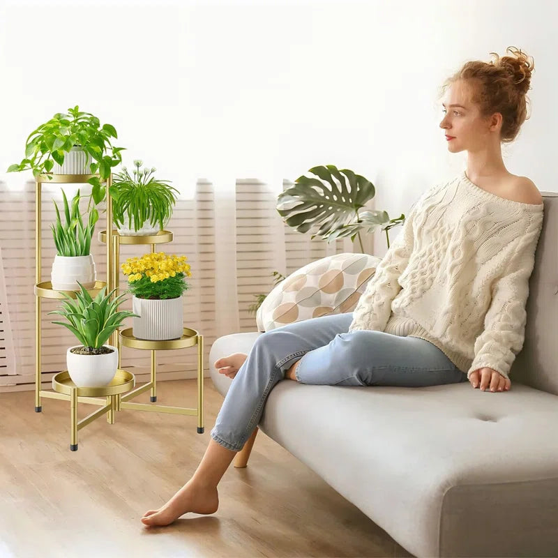 5 Tier Plant Stand with 10 inch Wide Tray, Corner Metal Flower Rack, Folding and Portable, Applicable in Living Room, Patio and Porch