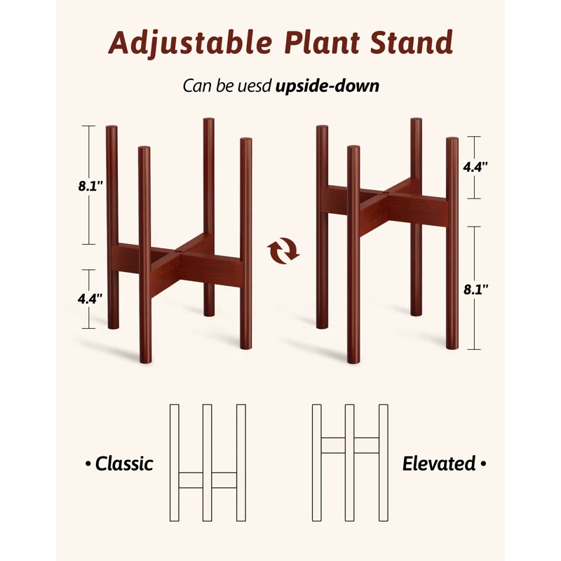 8-12" Adjustable Bamboo Plant Stand - Single-Tier Reddish Indoor Planter Holder