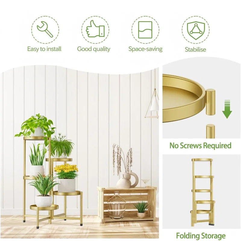 5 Tier Plant Stand with 10 inch Wide Tray, Corner Metal Flower Rack, Folding and Portable, Applicable in Living Room, Patio and Porch