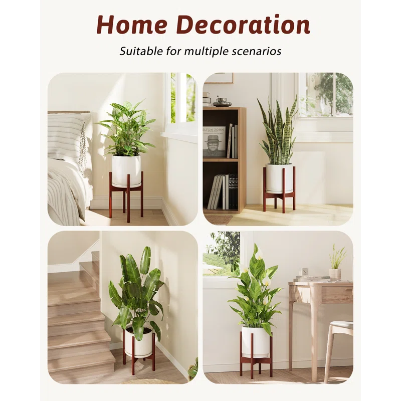 8-12" Adjustable Bamboo Plant Stand - Single-Tier Reddish Indoor Planter Holder