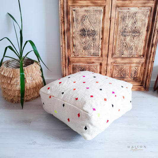 White Moroccan Kilim Pouf, Moroccan Floor Cushion