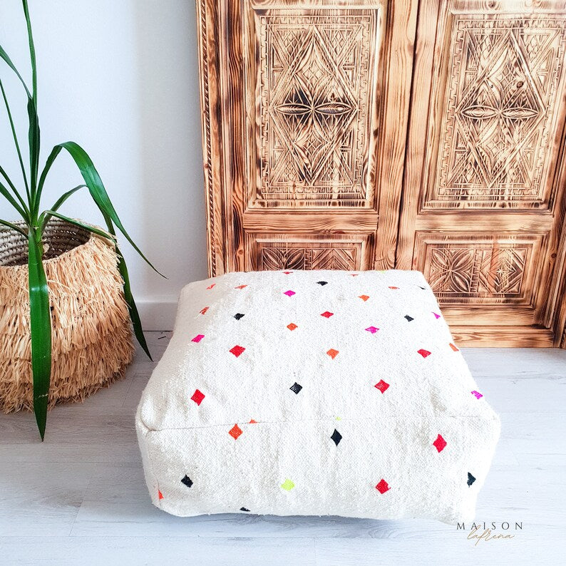 White Moroccan Kilim Pouf, Moroccan Floor Cushion