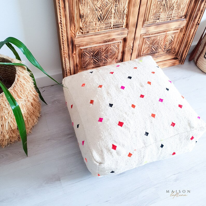 White Moroccan Kilim Pouf, Moroccan Floor Cushion