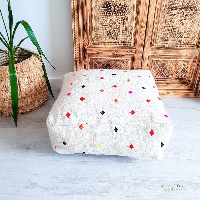 White Moroccan Kilim Pouf, Moroccan Floor Cushion